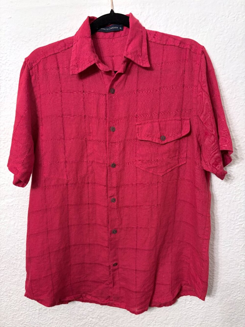 RARE Mexican Designer - 100% Linen Red Shirt Plaid Open Weave Boxy Cottagecore
